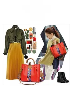 Fashionable red PU leather tote bag styled with a colorful geometric woven wide shoulder strap