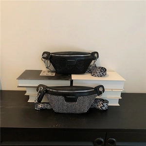 Women PU Leather Waist Bag With Silver Rivets Wide Geometric Strap Chest Bag For Daily Fashion Street Style