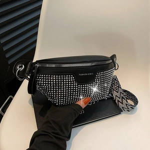Chic black PU leather fanny pack featuring silver rhinestones and woven geometric strap
