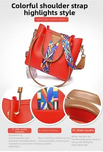 Detail of red PU leather handbag showing colorful woven strap and reinforced stitching