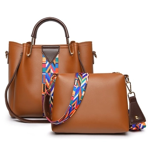PU Leather Handbag And Crossbody Bag With Colorful Geometric Woven Strap Retro Fashion Commuting Tote For Women