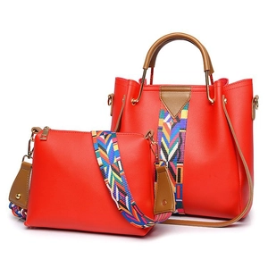 Red PU leather handbag set with two pieces and colorful geometric woven shoulder strap