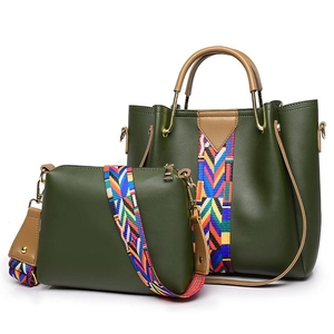 Green leather tote bag and crossbody set with colorful ethnic woven shoulder strap