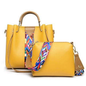Bright yellow PU leather tote bag set with bohemian geometric patterned shoulder straps