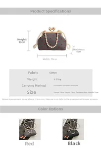 Size chart and specifications for vintage polka dot handbag with pearl handle and metal clasp