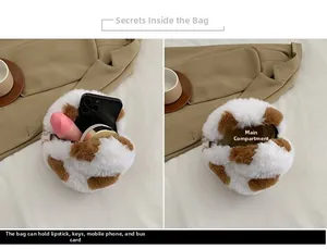 Detail showing plush animal print bag interior capacity for phone and lipstick
