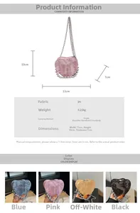Detailed size chart for heart-shaped mini bag with bead chain in multiple colors