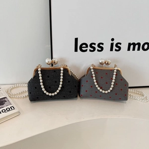 Vintage Polka Dot Fabric Evening Bag Large Artificial Pearl Kiss Lock Handbag With Artificial Pearl Handle And Long Artificial Pearl Chain Strap