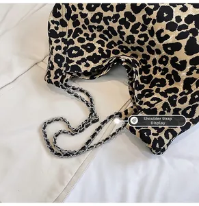 Detail of leopard print tote with textured canvas fabric and silver metal chain strap