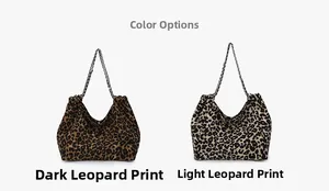 Macro detail of leopard print tote bags with silver chain straps in dark and light patterns