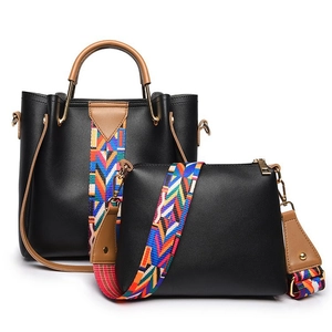 Black and brown PU leather bucket bag set with colorful geometric woven wide strap