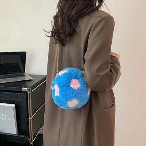Blue and pink plush sphere crossbody bag with gold chain strap for women winter