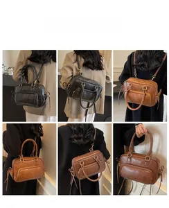 Collage of retro Boston bags in black and brown showing shoulder and crossbody styles
