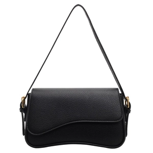 Minimalist black pebble leather shoulder bag with wave edge design and gold hardware