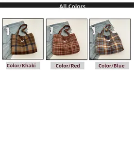 Detailed comparison of khaki, red and blue plaid tote bags with fabric texture