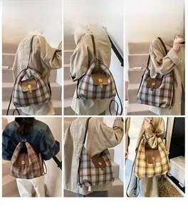 Multiple views of a retro plaid crossbody bag with leather flap and tweed material