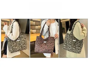Three-way view of leopard print tote bag showing shoulder and handbag carry styles