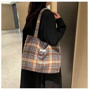 Classic plaid tote bag with blue and orange check pattern worn by a model in a modern hallway