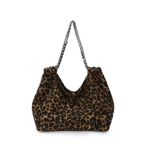 Chic leopard print hobo bag with silver chain straps and spacious interior design