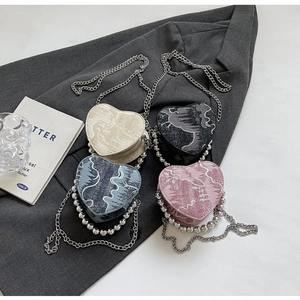 Heart Shaped Crossbody Bag Jacquard PU Denim Fabric Silver Beads Handle Metal Chain Strap Retro Sweet Handbag For Women