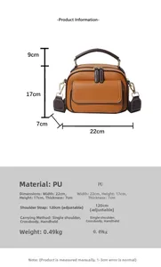 Detailansicht der braunen PU-Ledertasche mit Maßen, Trageriemen und Metallteilen