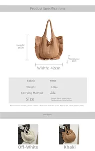 Detailed size chart and dimensions for the ruffled knit shoulder bag in cream and khaki