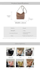 Detailed chart showing plush shoulder bag dimensions and multi-color material options