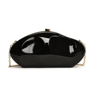 Glossy black pebble-shaped evening clutch bag with gold chain strap on white background
