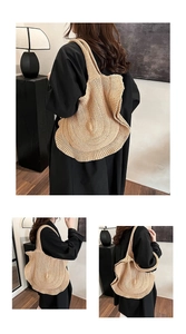 Detail of light khaki woven shoulder bag featuring large fashion ruffle edge design