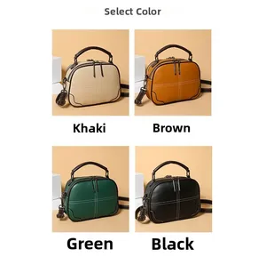 Detail view of cross-stitched faux leather handbags in khaki, brown, green and black