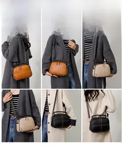 Three-color crossbody bags display showing orange, beige, and black textured PU leather styles