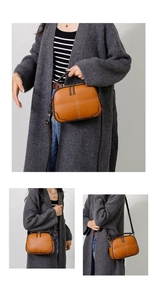 Brown vintage leather crossbody bag with white stitching shown in multiple styles