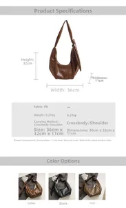 Detailed size chart and color options for the fashion PU leather dumpling shoulder bag