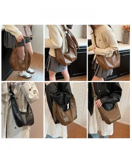 Fashionable hobo bag shown in multiple angles on model with knot shoulder strap details
