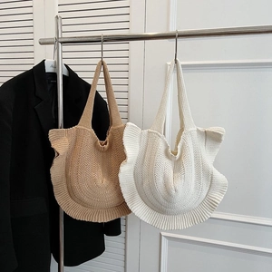 Ruffle Knit Tote Bag Woven Shoulder Bag Large Capacity Handmade Crochet Hobo Handbag For Women Summer Casual