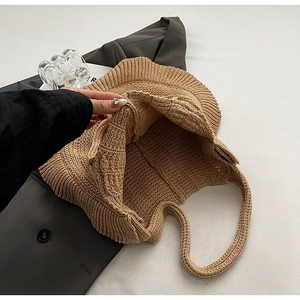 Handcrafted camel knit tote bag with elegant ruffled edges for stylish daily use