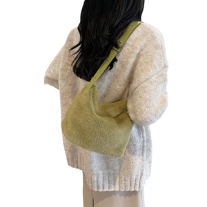 Green plush faux fur shoulder bag for women with adjustable leather strap and large capacity