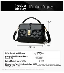 Detail view of black quilted crossbody bag showing precise dimensions and gold twist lock