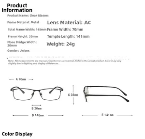 Detailed technical drawing and size chart for vintage square metal glasses frames