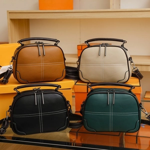 Women Retro PU Leather Crossbody Bag Litchi Texture Contrast Stitching Double Zipper Handbag Minimalist Shoulder Bag