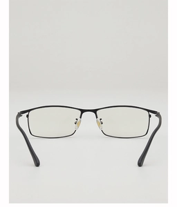 Detail of black rectangular metal eyeglass frame with comfortable silicone nose pads