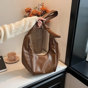 Chic coffee brown PU leather hobo bag with unique wide knotted shoulder strap detail