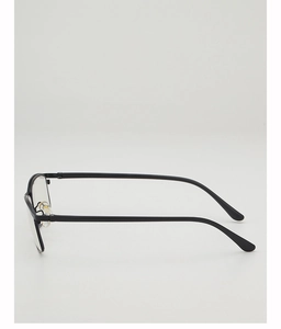 Detail of matte black square eyeglass frame with silicone nose pads and smooth temples