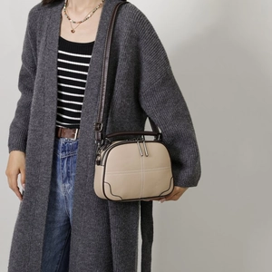 Chic beige and dark brown contrast crossbody bag with lychee texture and cross stitching