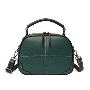 Retro dark green shoulder bag with lychee texture leather and white cross stitching