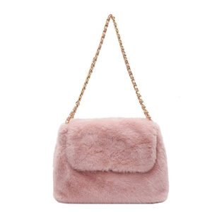 Pink plush tote bag with golden metal chain strap shown on a clean white background