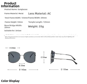 Detailed sizing chart for retro oversized sunglasses showing frame dimensions and weight