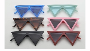 Group shot of triangle sunglasses in six vibrant colors for hip hop and party fashion