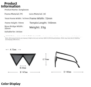 Detailed size guide with dimensions and specifications for triangle hip-hop sunglasses