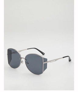 Detail of silver metal frame sunglasses featuring side shields and dark grey lenses